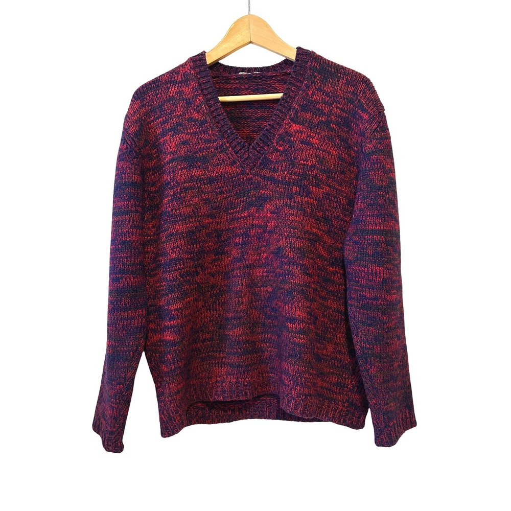Vintage Marz Munchen Germany Wool V-Neck Sweater Size M Red Blue Marled Knit